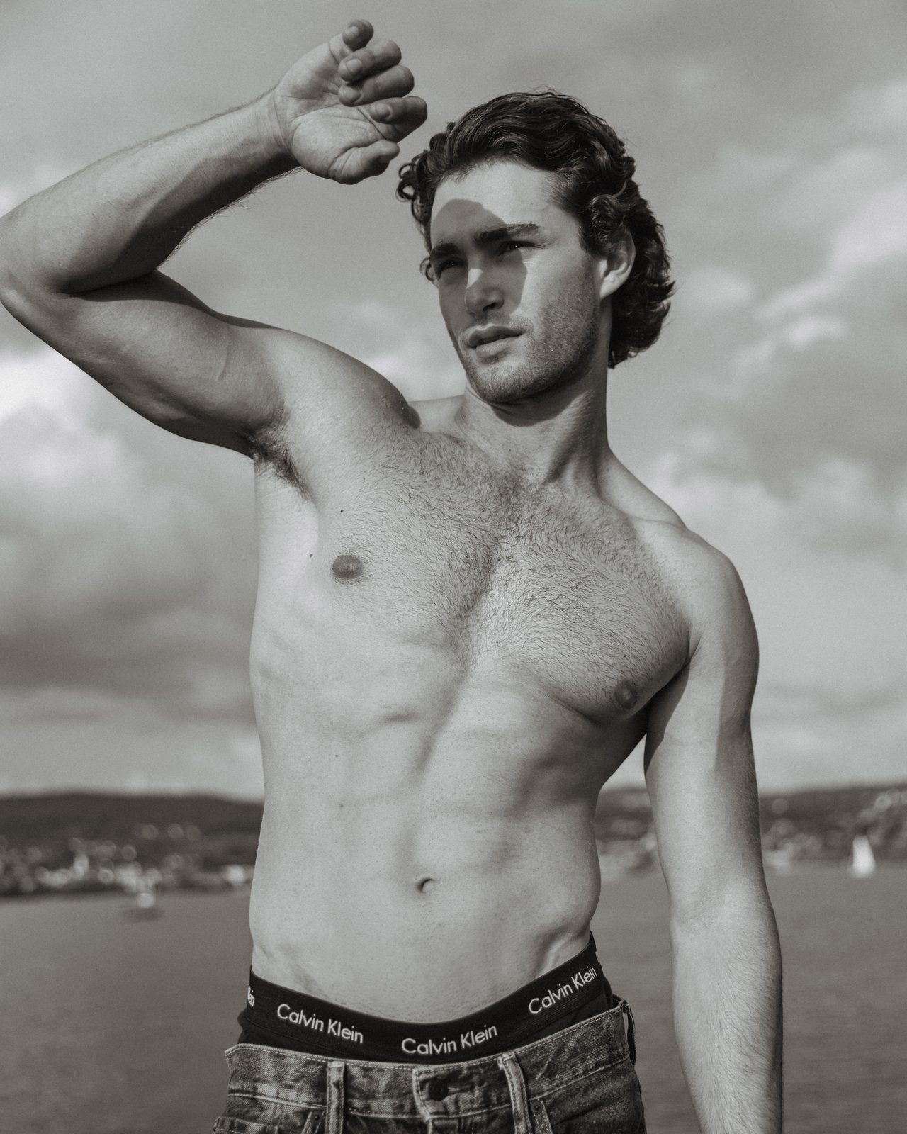 Pascal Sander by the water, black and white