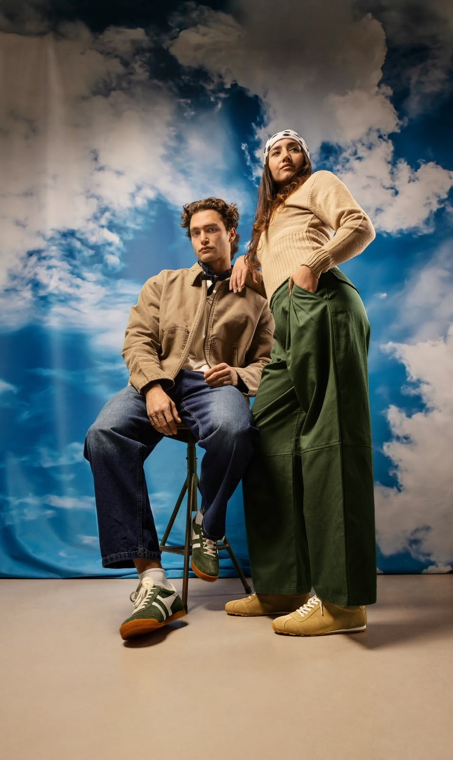 Pascal Sander and a model before a sky backdrop, Gola campaign